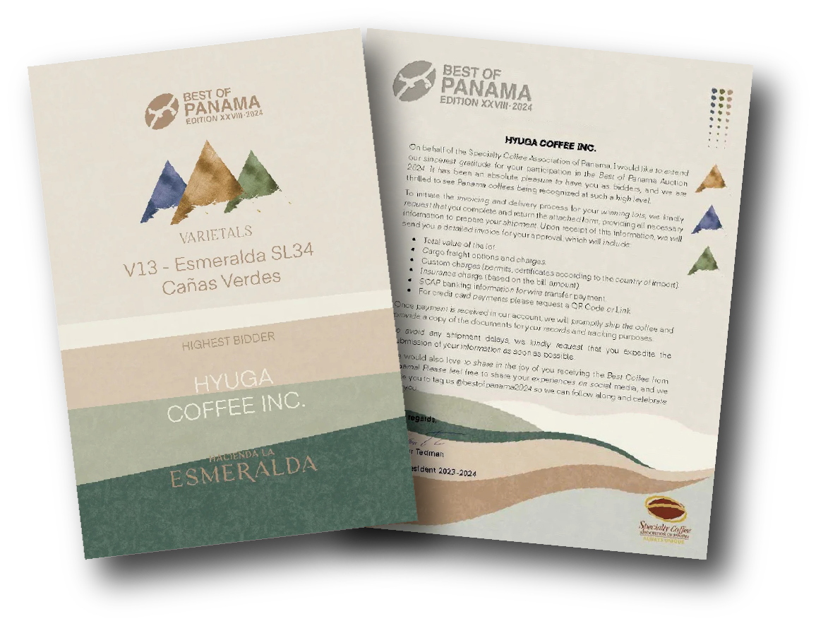 Specialty Coffee Association of Panama より Best of Panama 2024 Auction 落札通知書